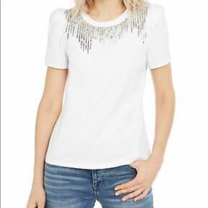 INC Sequin-Fringe White Cotton Crewneck T-Shirt - Small